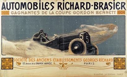 Plakat przedstawiający samochody Richard-Brasier wygrywające Puchar Gordona Bennetta, 1904